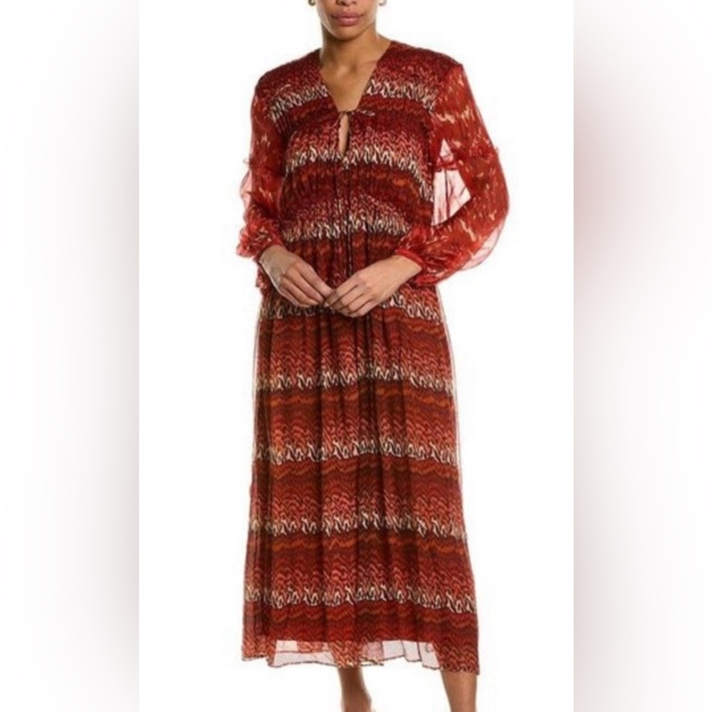 Boho Red Printed Long-Sleeve Maxi Dress 100% Silk L